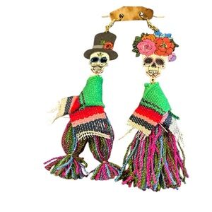 Dios Los Muertos Skull Woodcut Earrings Mexico Handcrafted